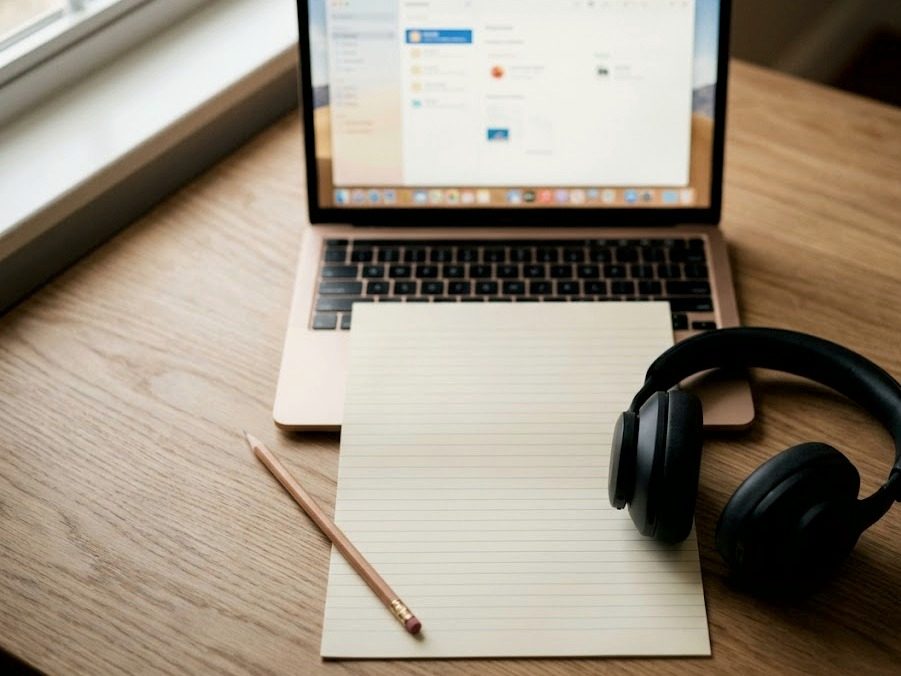 Notebook con auriculares, hoja en blanco y lápiz sobre el escritorio