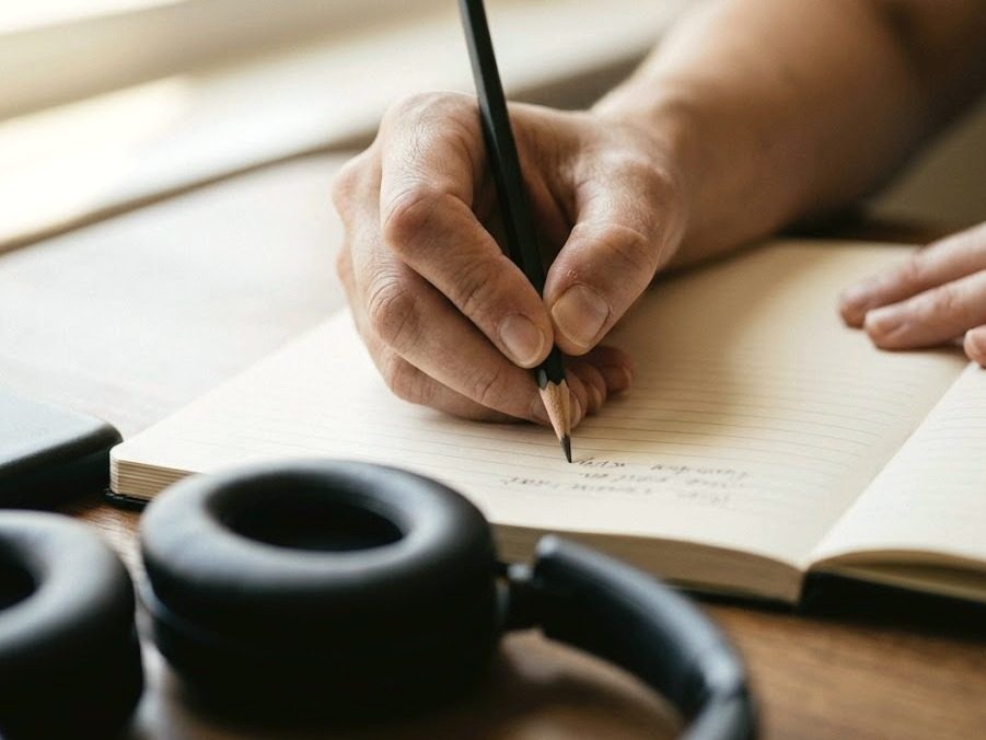 Mano transcribiendo a lápiz en un cuaderno junto a los auriculares